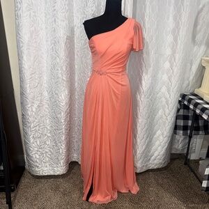 David's Bridal Coral Pink One Shoulder Bridesmaid Prom Dress F15519 Size 2
